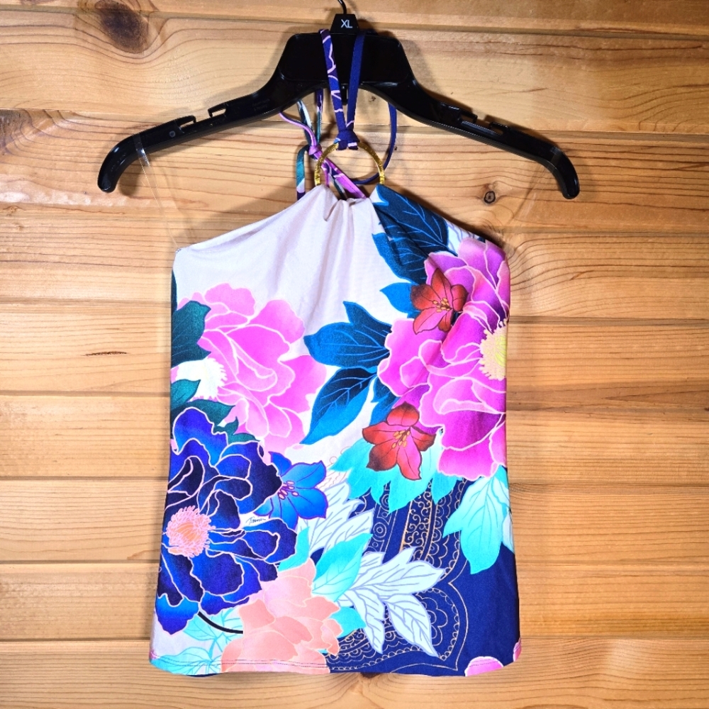 NWT Trina Turk Swim Tankini Halter Neck Pink Floral Tassel Beach Resort Size 6